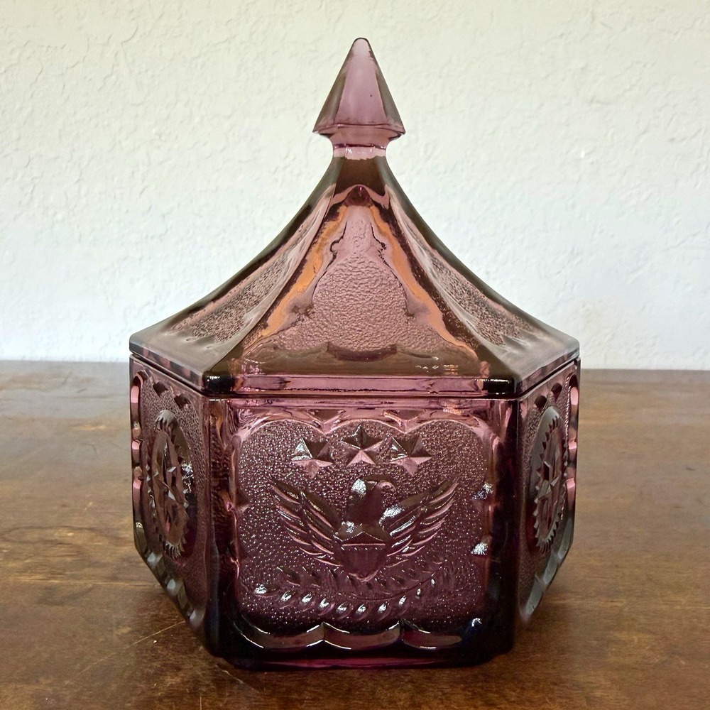 Vintage Tiara Exclusives Colonial Plum Amethyst Eagle Star Hexagon Candy Dish